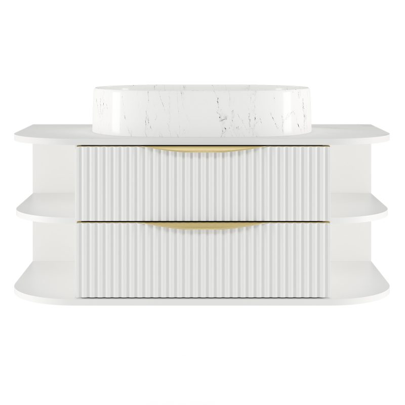 Novea servantskap 100 cm – hvit med Bianco marmordekor og gullhåndtak