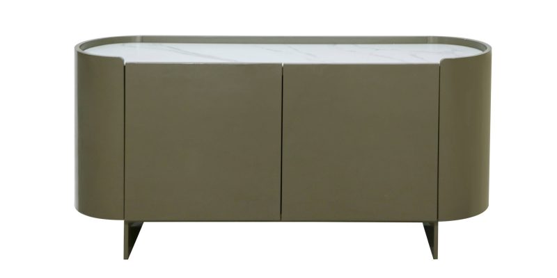 Nari kommode – oval form i grønn/grå høyglans med marmorinspirert spiek-topp