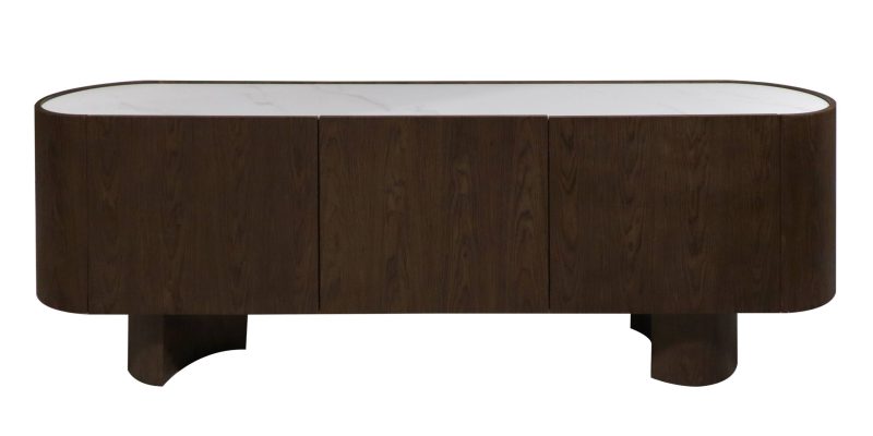 Coria kommode – 3-dørs design i mørk valnøtt med marmorinspirert spiek-topp