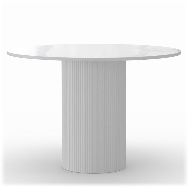 Malaga rundt spisebord – 110 cm, marmoreffekt og lamellbase
