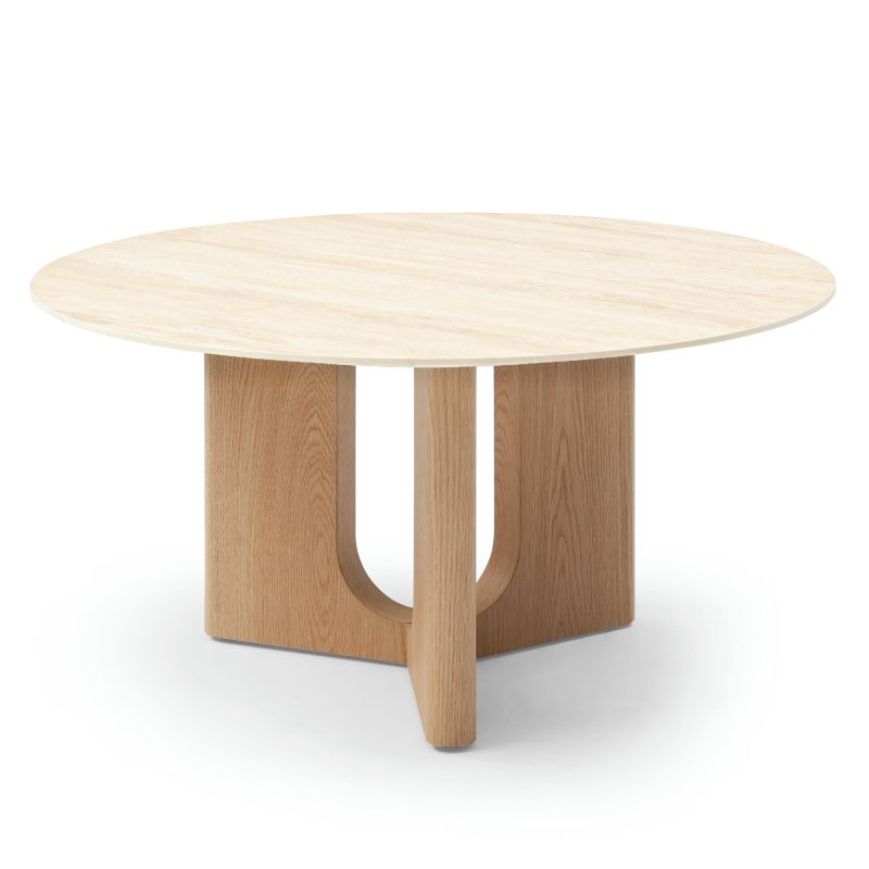 Klimt sofabord – rundt 90 x 45 cm med travertin-look og eikefinér