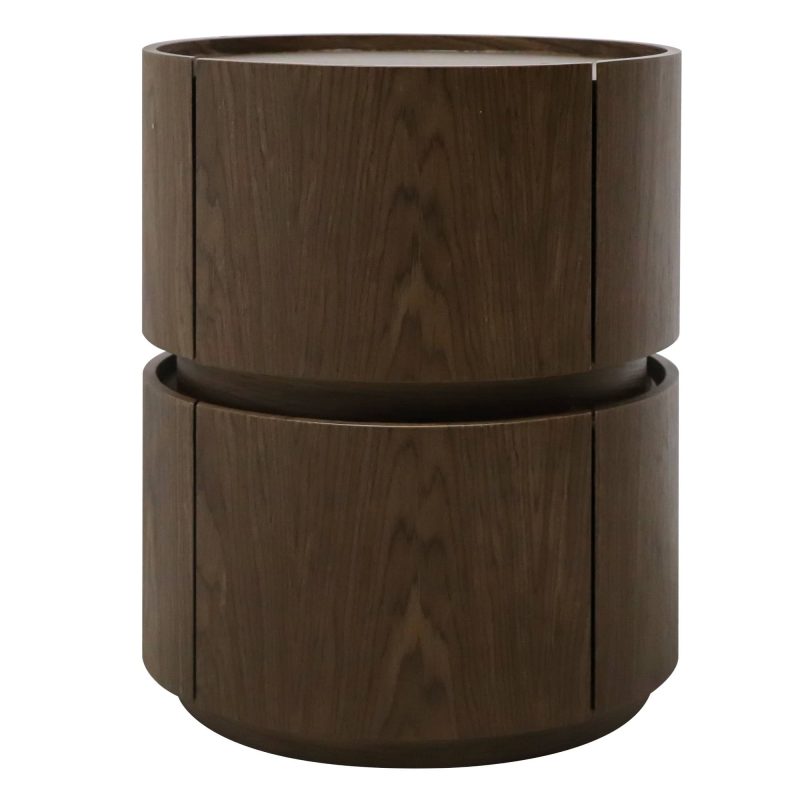 Marfa nattbord – rundt design i mørk valnøtt med 2 skuffer