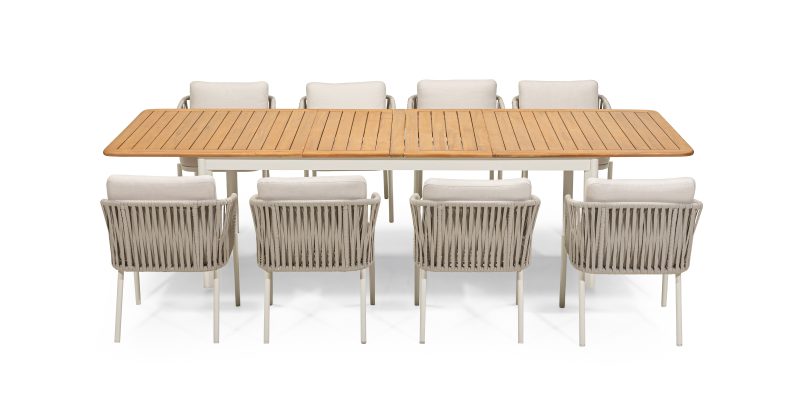 Porticato hagesett 211–300cm. med uttrekkbart bord i akasietre og 8 stoler